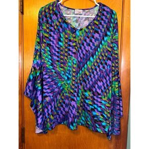 Vintage Geometric Top Multicolor Colorful Large Bell Sleeves Disco Party